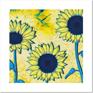 Sunflowers - Blue and Yellow Posters and Art